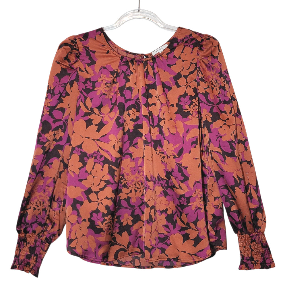 Pleione Floral Silky Blouse Scoop Neck Long Sleeve Purple Orange Black Top Large